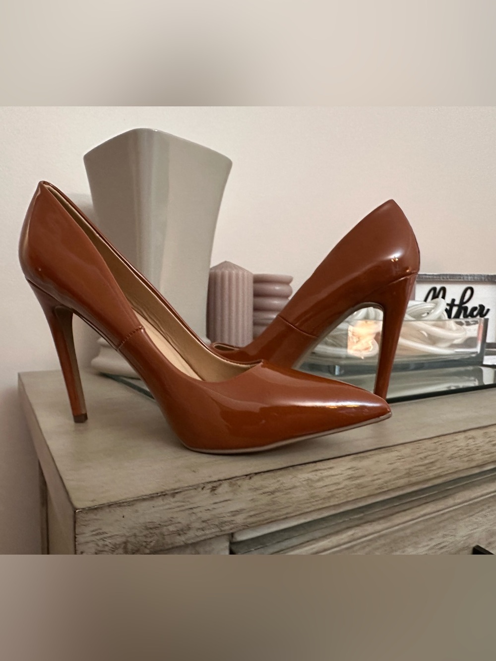 Classic Pointed-Toe Patent Pump in Cognac Brown